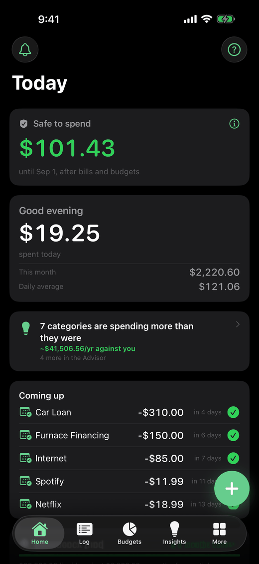 The GoalCents Home tab, showing safe to spend, today's spending, a ranked Advisor suggestion and the bills coming up.