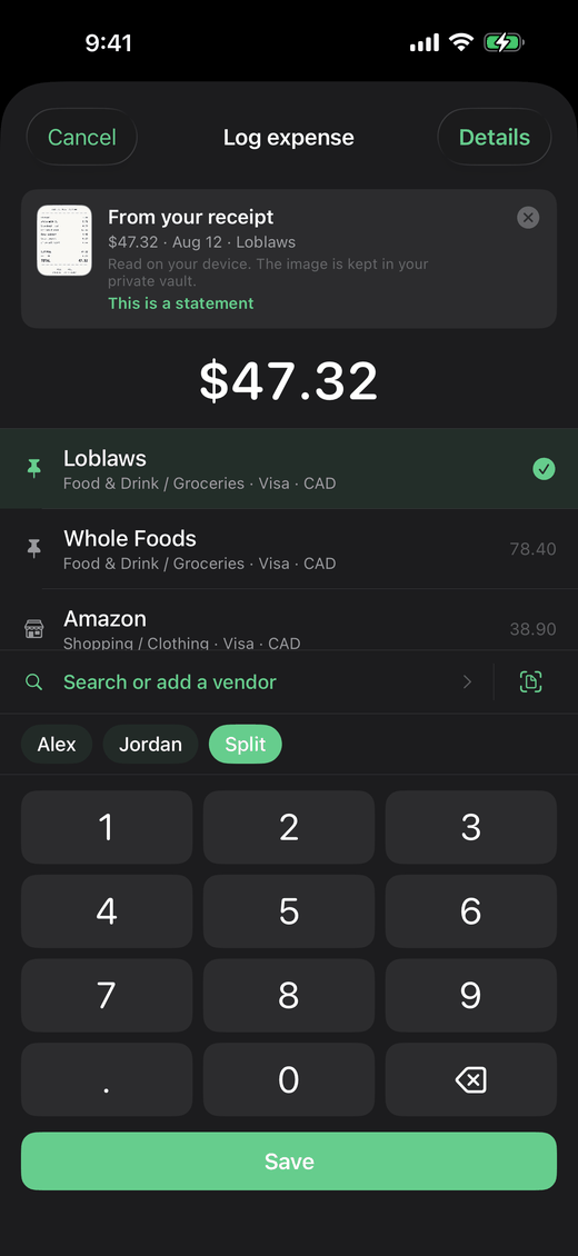 A scanned receipt filled into the expense keypad: $47.32 at Loblaws on Aug 12, matched to Groceries.